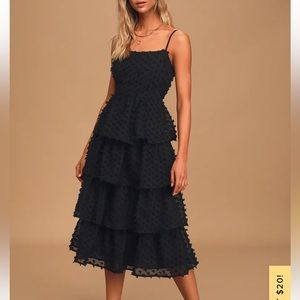 Flirting with You Black Tiered Pom Pom Midi Dress